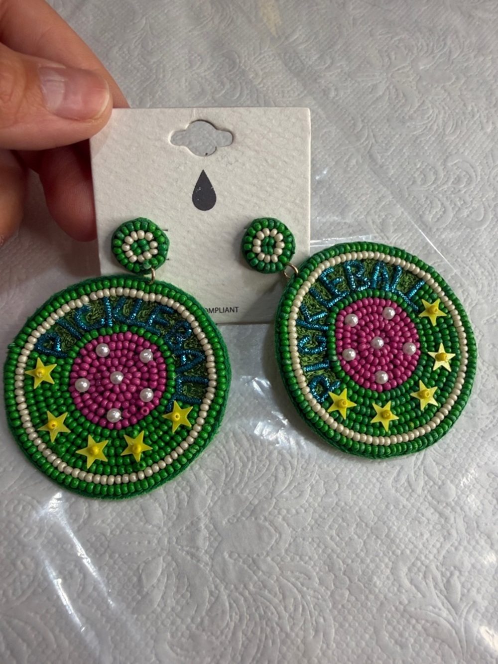 PICKLEBALL!! So cute!  Green Beaded Statement Earrings with Pink Accents